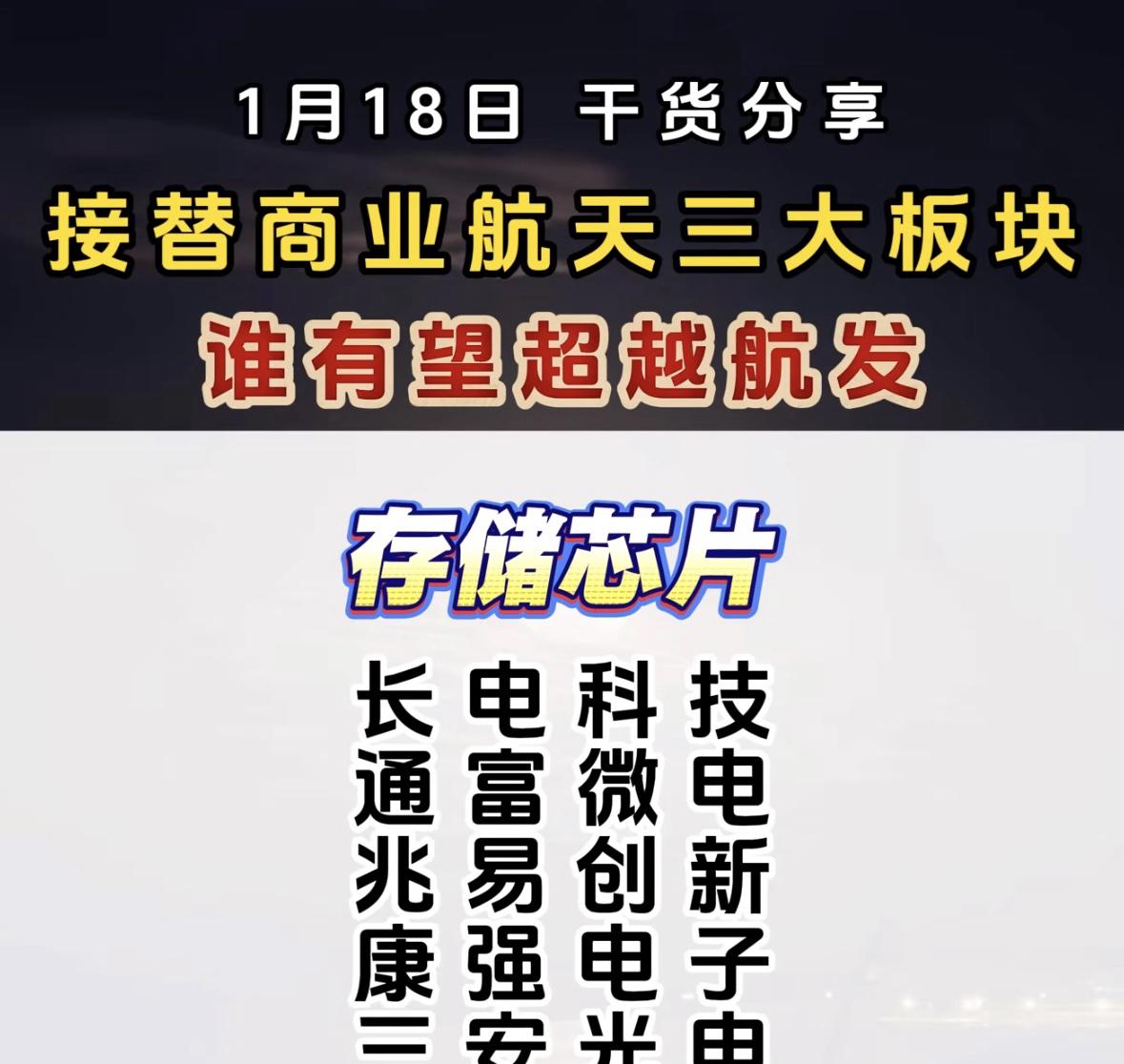 1月18日商业航天彻底熄火！存储芯片一夜暴涨30%...机构疯狂抢筹光电