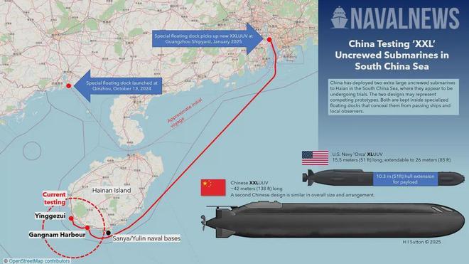 外媒称中国在南海疑似部署两艘全球最大无人潜艇，长达40余米，远超美欧同类装备，或