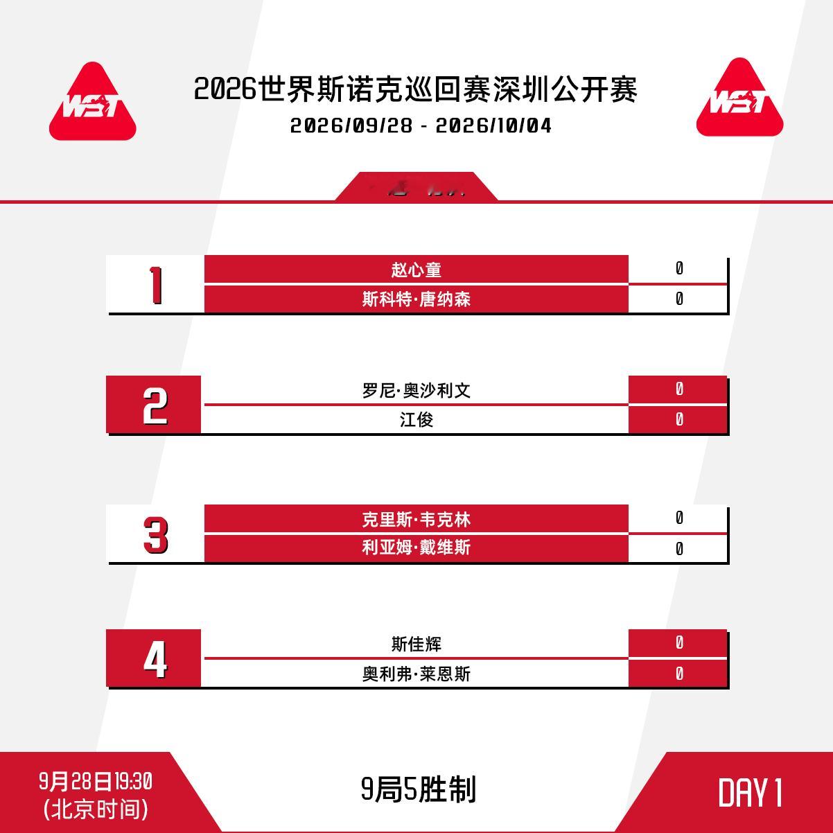 2026斯诺克深圳公开赛首日赛程安排如下：北京时间9:30，马克·威廉姆斯迎战