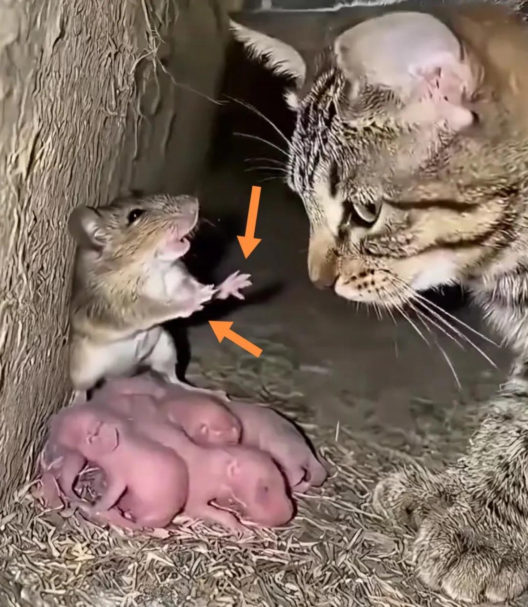 母老鼠伸双爪拼命护出生小老鼠与花猫斗。