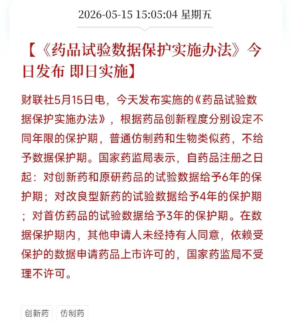 创新药有了护身符！最长6年数据保护期正式落地，仿制药企的门槛更高了5月15日，《