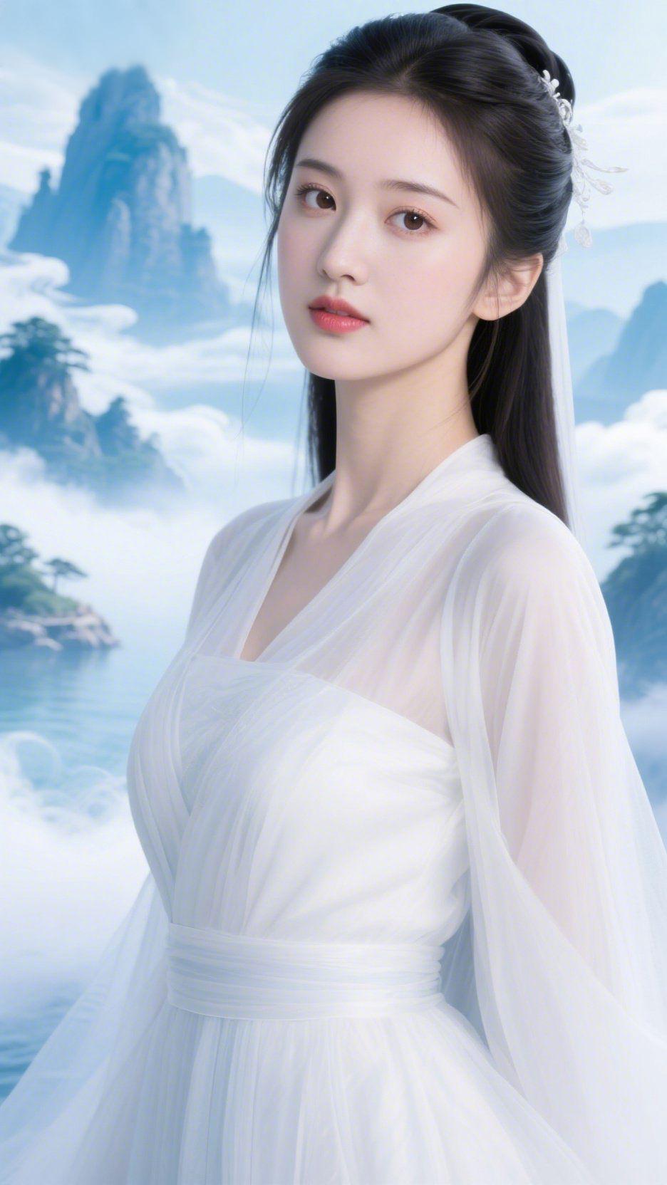 白衣栖云，山境含柔云浪裹着山尖的青，漫入她身后的雾霭里。素白裙衫如被晨露浸