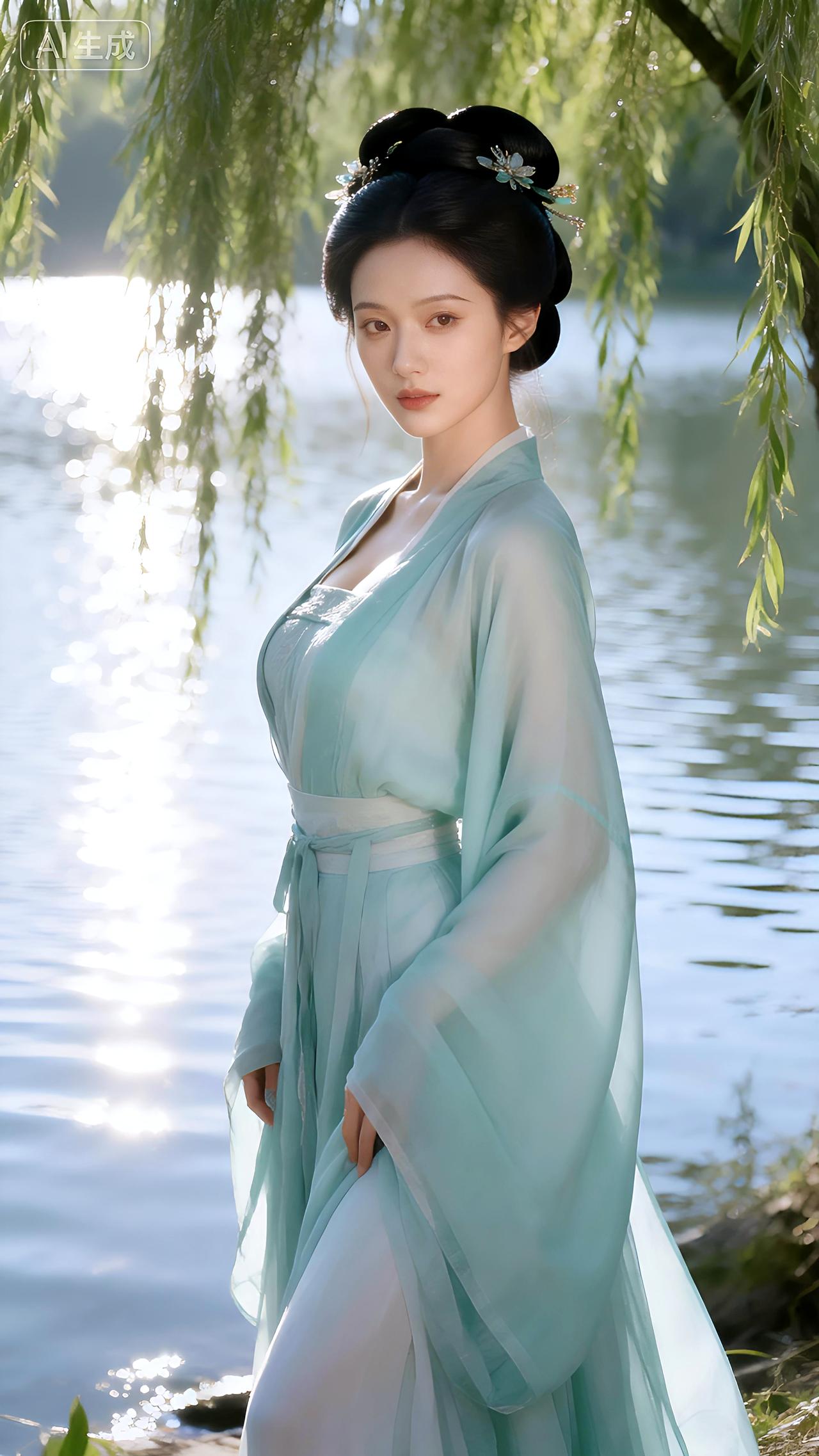 柳浪浮光浣碧纱，惊鸿照影一痕春。豆包写真壁纸古风