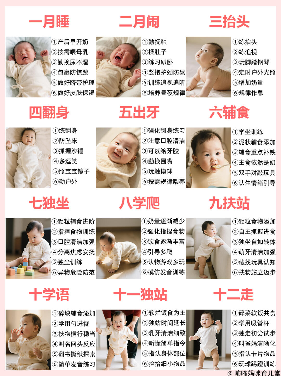 0-12月龄宝宝发育进程，喂养+护理+早教方法