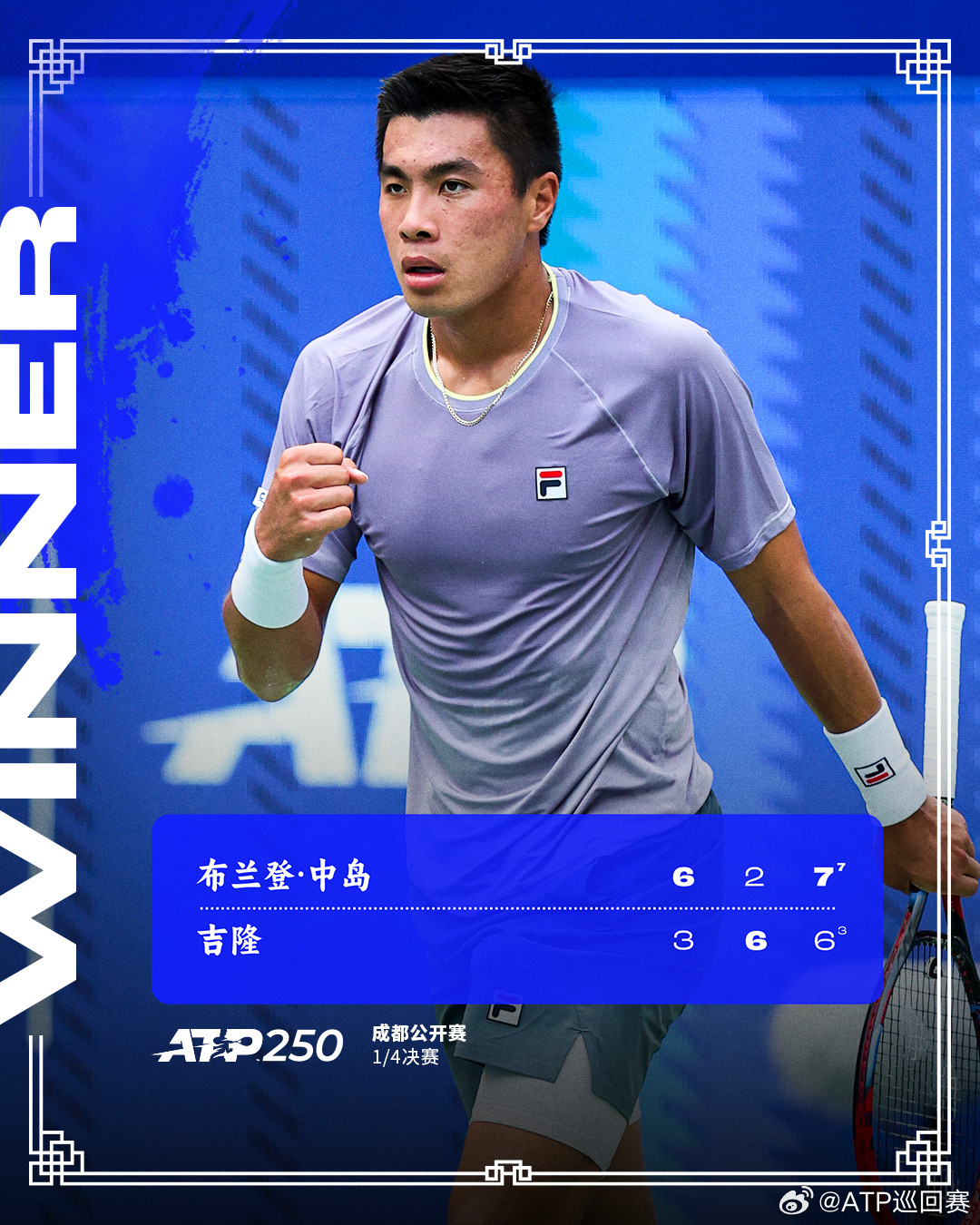 4号种子晋级💪1/4决赛美国德比，4号种子布兰登·中岛以6-32-67-6