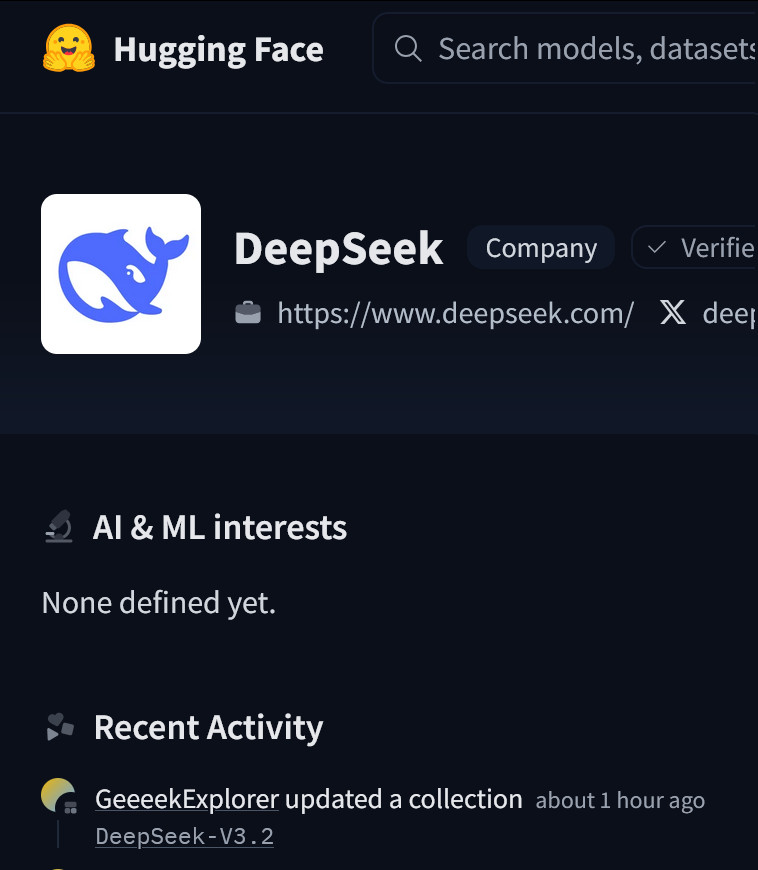 deepseek刚在huggingface上建了v3.2的坑（还没放模型文件