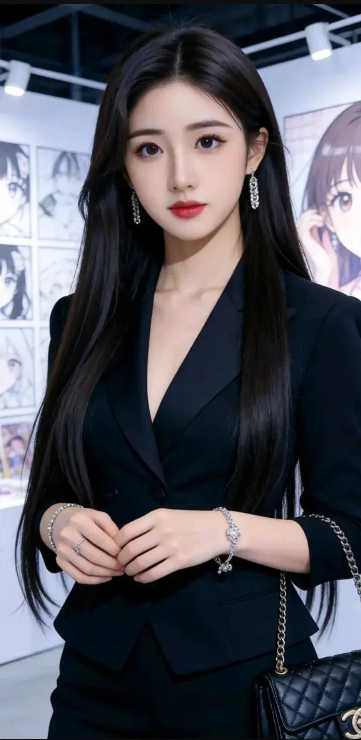 这位小姐姐穿着黑色西装，搭配银色饰品，显得非常优雅。