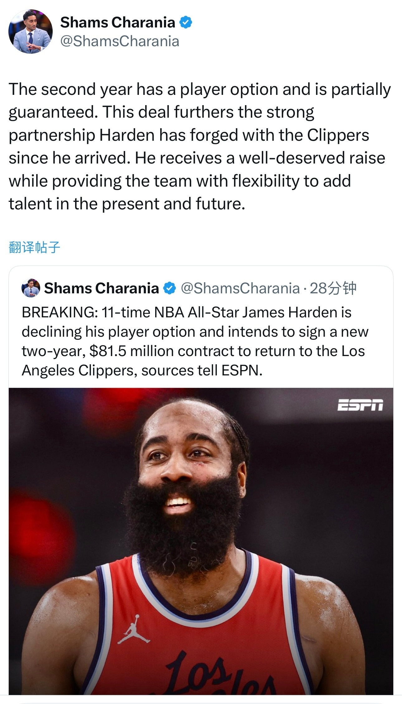 詹姆斯-哈登2年8150万与快船续约，第二年附带球员选项且合同部分保障。​​​