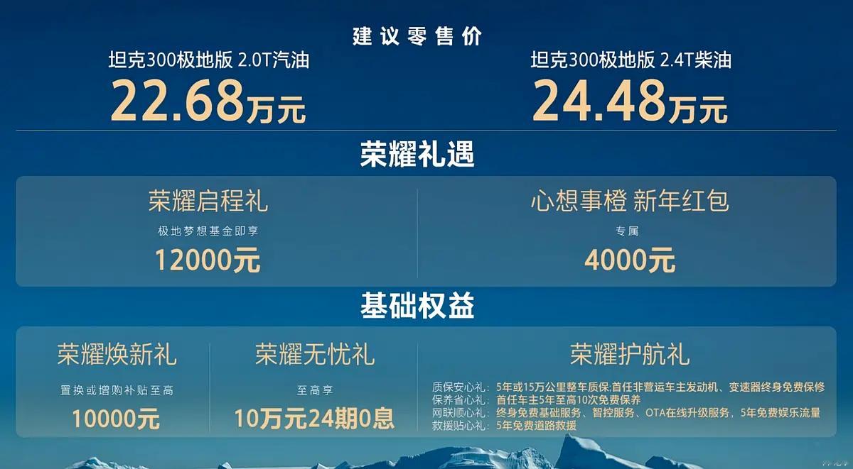 22.68-24.48万元，坦克300极地版上市，限量300辆。
