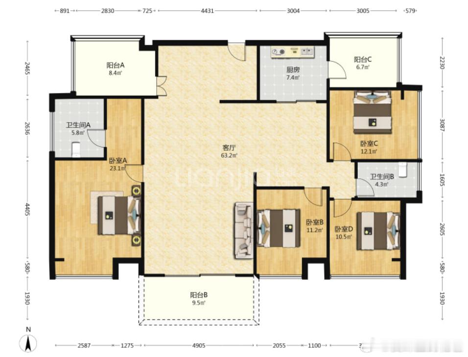 来座山140平，这个户型也是非常哇塞的，双龙抱珠，4+2房，安逸得很。