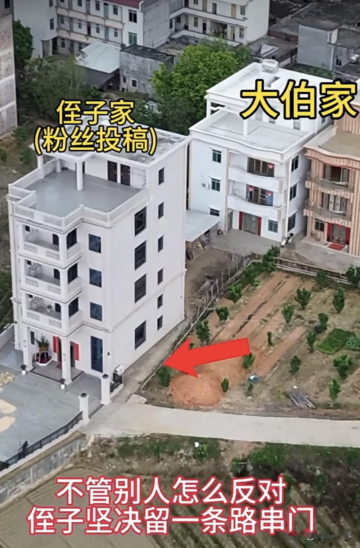 虽然房子🏠建得窄小很多，不管别人怎么反对，侄子坚决留一条路串门。大伯小时