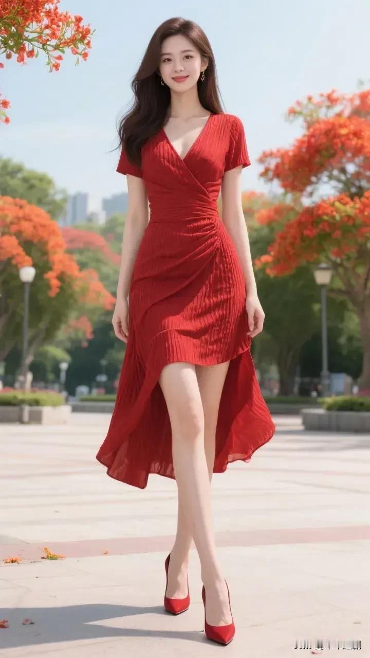 1正红褶皱长裙衬着凤凰花树，同色高跟揉出明艳又灵动的夏日氛围感❤️红裙穿搭美学