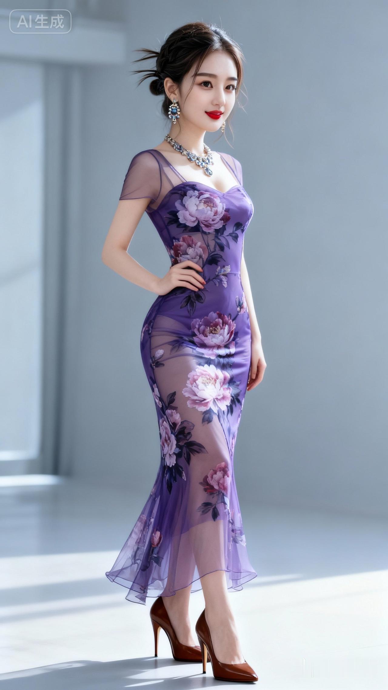 20岁的美女，温柔浅笑，身穿轻纱紧身紫色印牡丹花裙，大眼睛透露出自信的气质，脸上