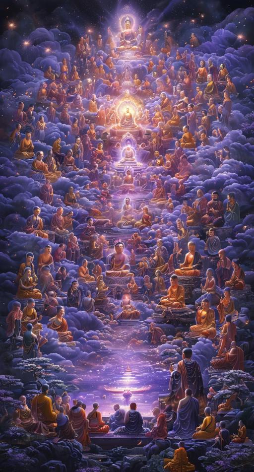 《愣严经》卷五(五)50群聚紫光照法界，恒沙众生修净过。佛证圆满无障碍，智