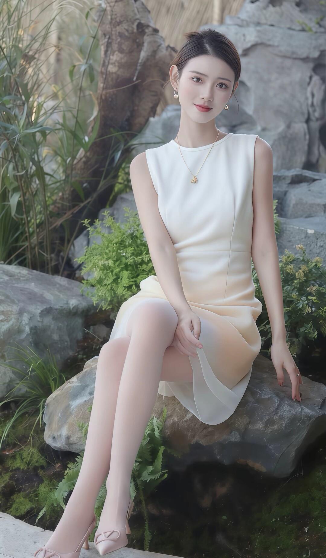 优雅白裙，静坐石旁，自然之美。