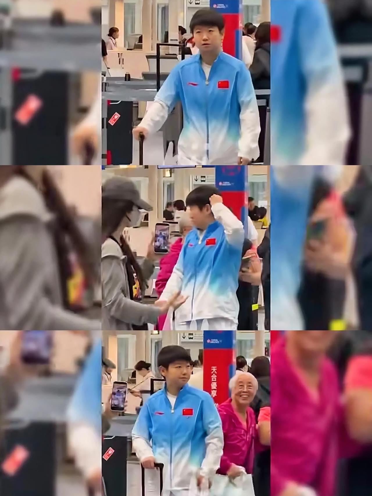 莎莎身后的老奶奶笑颜灿烂如花，这是演我呀落地后的莎莎又被围的水泄不通，前后左右