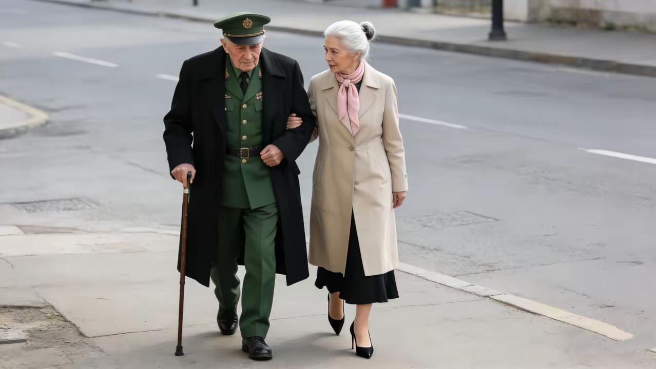 昨天街头偶遇的这对老夫妻，简直是岁月里的一道光。老爷子80多岁还身姿笔挺，红五星