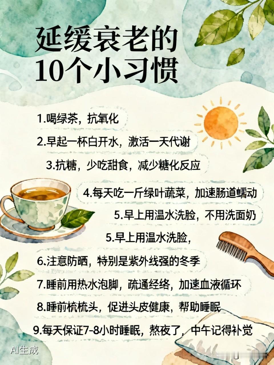 延缓衰老的10个小习惯！让每一个追求健康长寿的人明白！1，喝绿茶，抗氧化。