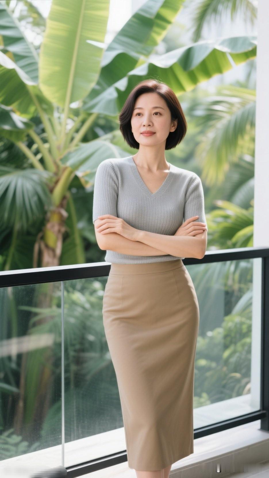 优雅职场女性，自信微笑，绿植环绕，时尚穿搭