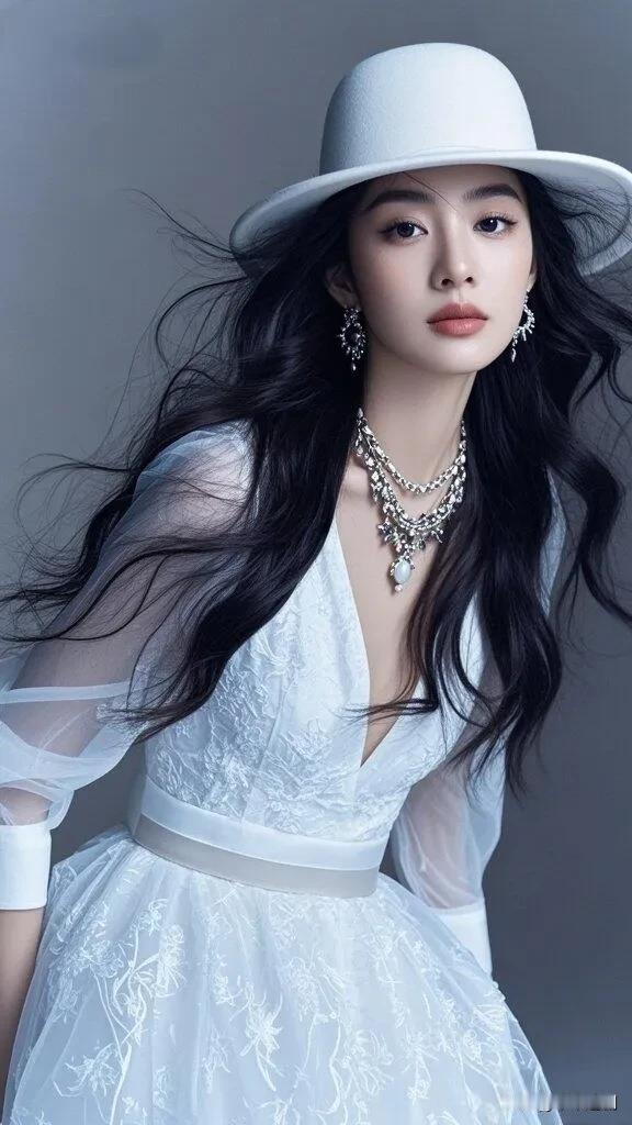 🤍白裙与礼帽邂逅优雅，蕾丝与碎钻交织出浪漫，在简约的灰调背景里，定格属于自己