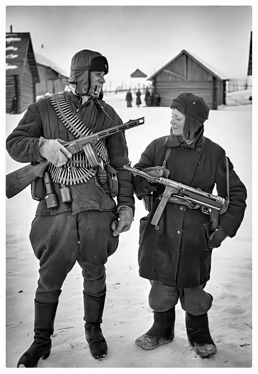 两位苏联红军战士手中的武器各不相同。高个子士兵手持苏联原产的波波沙冲锋枪，而矮个