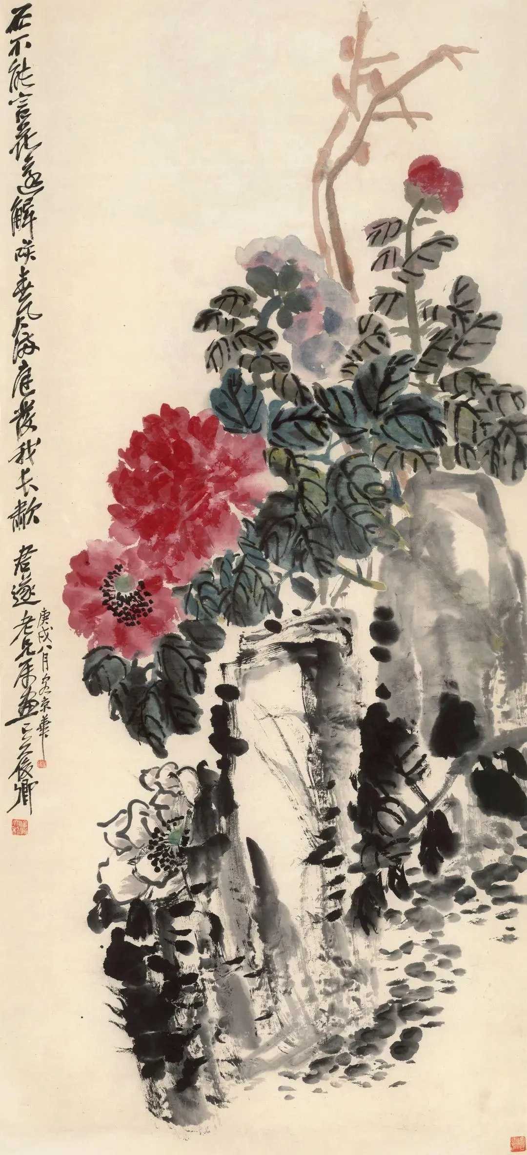 吴昌硕春风满庭图，设色纸本1910年作137×63cm。创作于1910年，