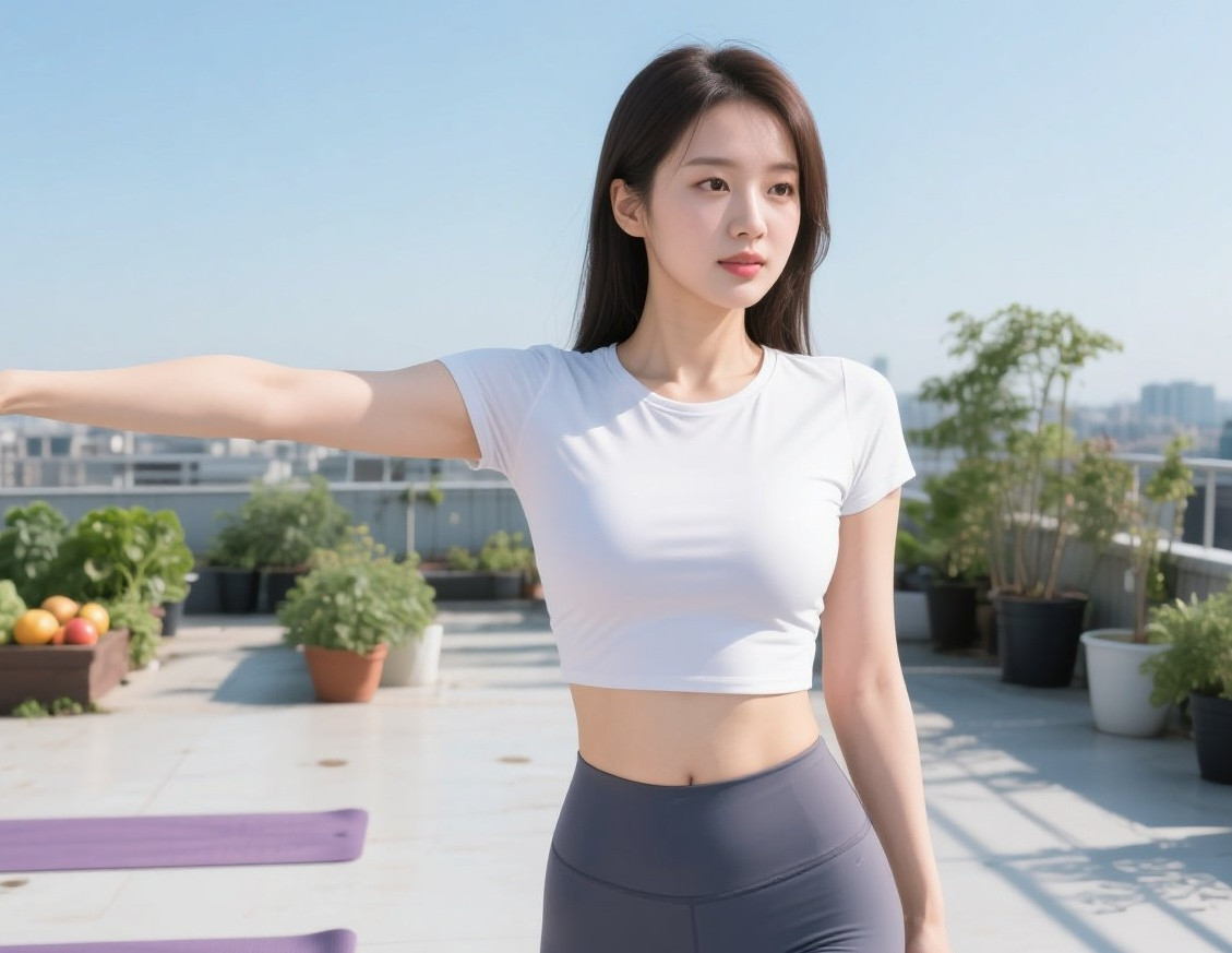 佳人瑜伽韵悠扬，体态丰盈醉夕阳