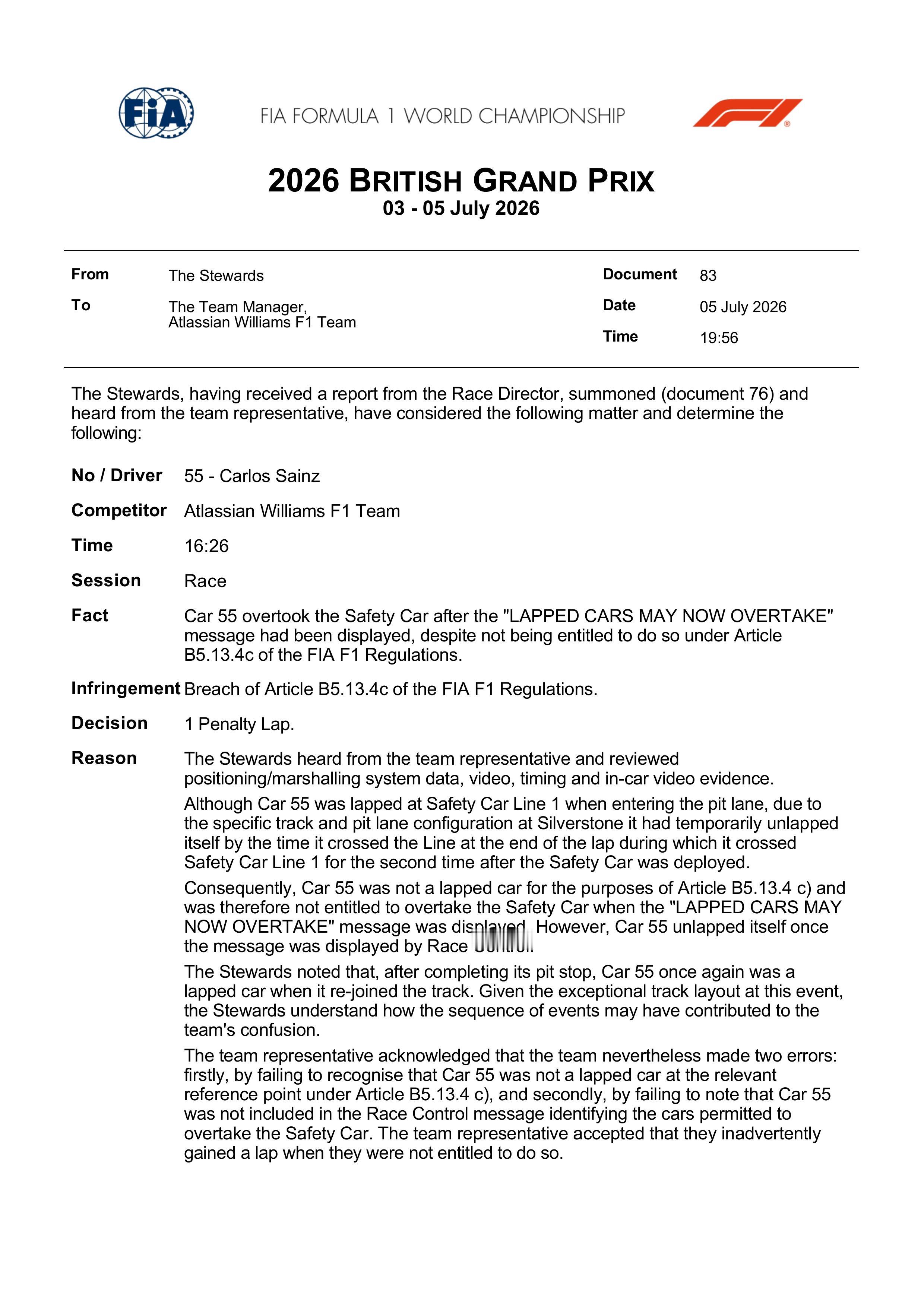 f1塞恩斯的一起“奇葩”处罚卡洛斯·塞恩斯在F1英国站结束后，收到了一张罕见
