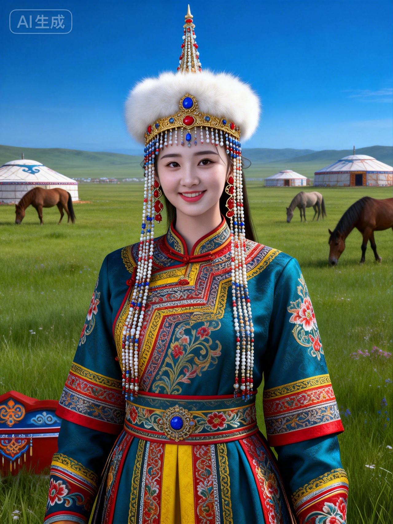 草原上的美丽姑娘，身着传统服饰，笑容灿烂