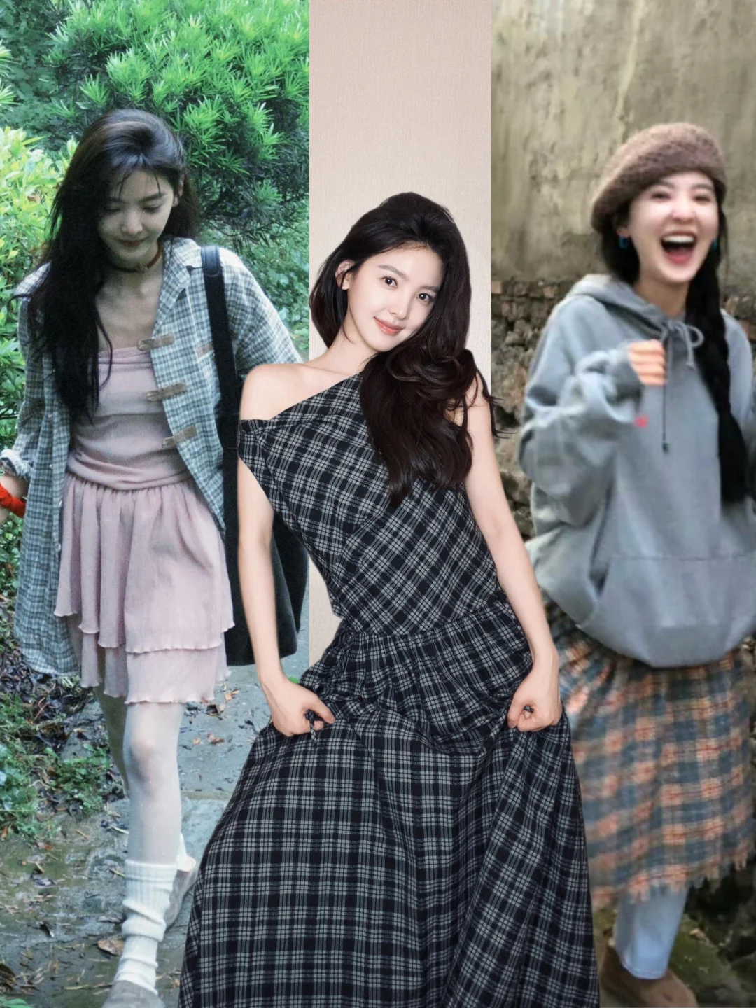 韩系穿搭还得看章若楠，格纹元素手拿把掐