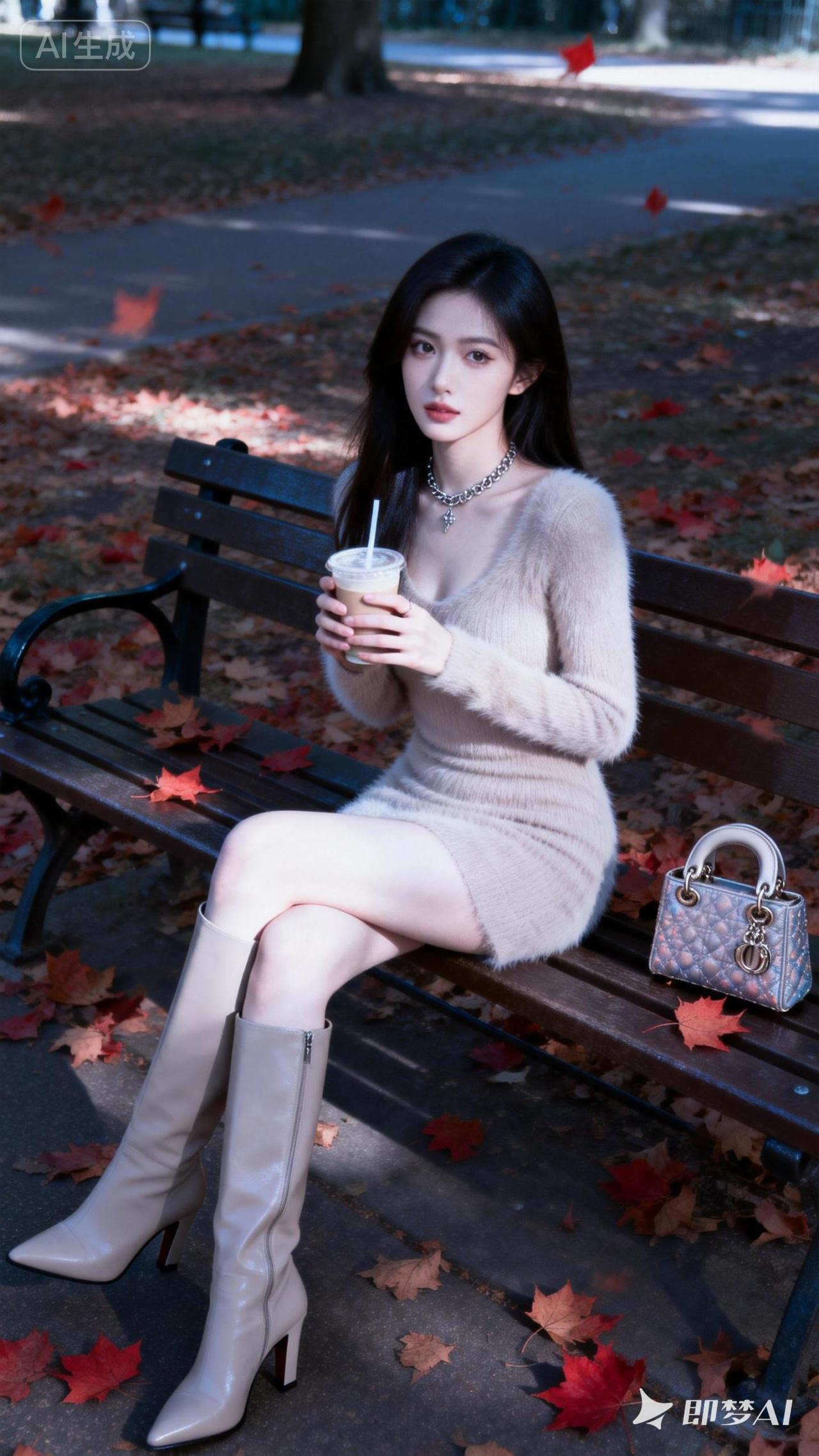 一位东方大美女，真人，肤白貌美，五官精致，精致爱豆妆容，紧身毛绒连衣裙，高跟靴，