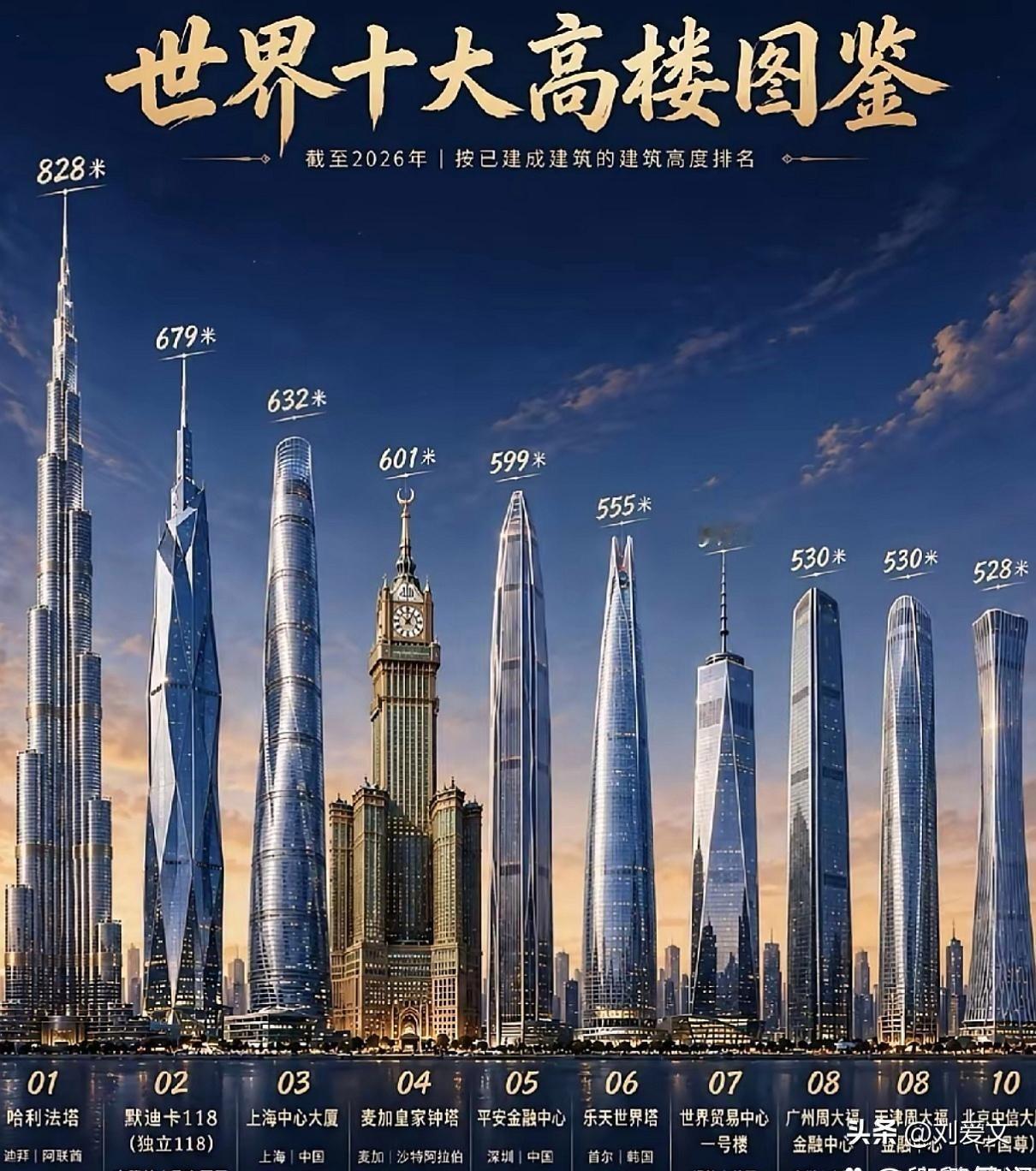 论世界十大高楼今时的排名个人观点，对错勿怪，仅供参考：第一和第二高楼，顶端是以