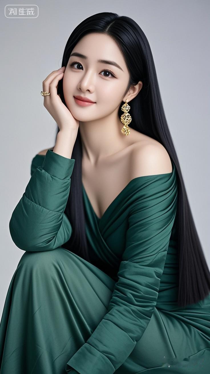 人美，黑色垂直中长发，一看就是老板娘，墨绿色一字肩大翻领，高清，蓝光，高级，高贵