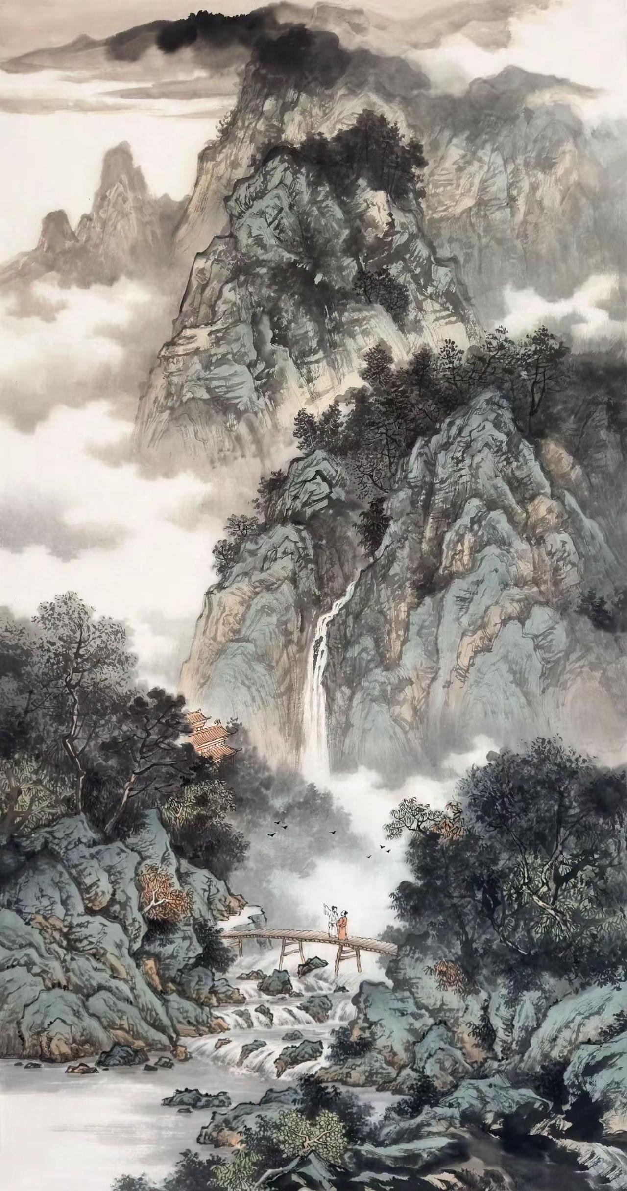 【云涧观瀑图】。四尺山水感受国画的意境之美创作者中心创作灵感国画山水