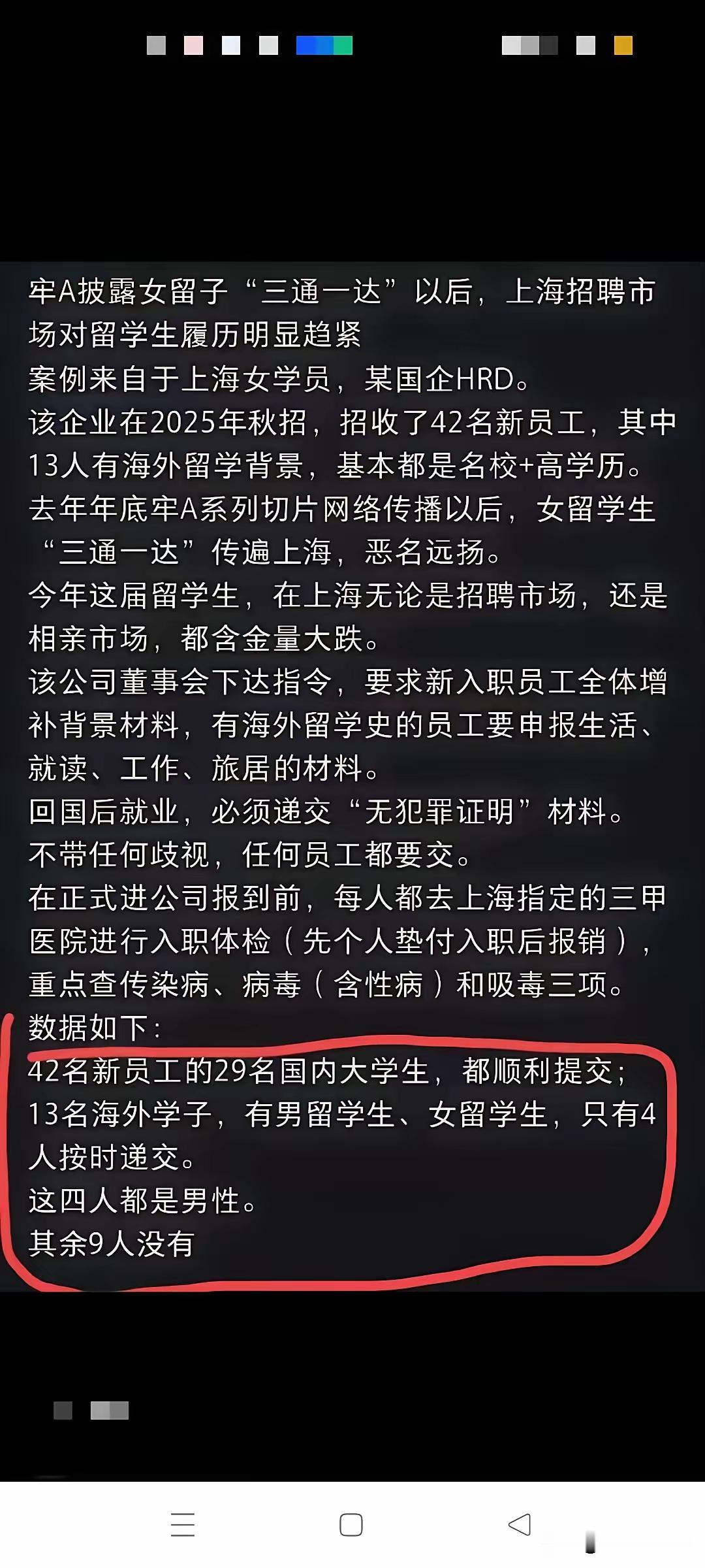 东大学生留学回国后，要就业，上海人力资源要求体检。他们抗议侵犯了个人隐私权。