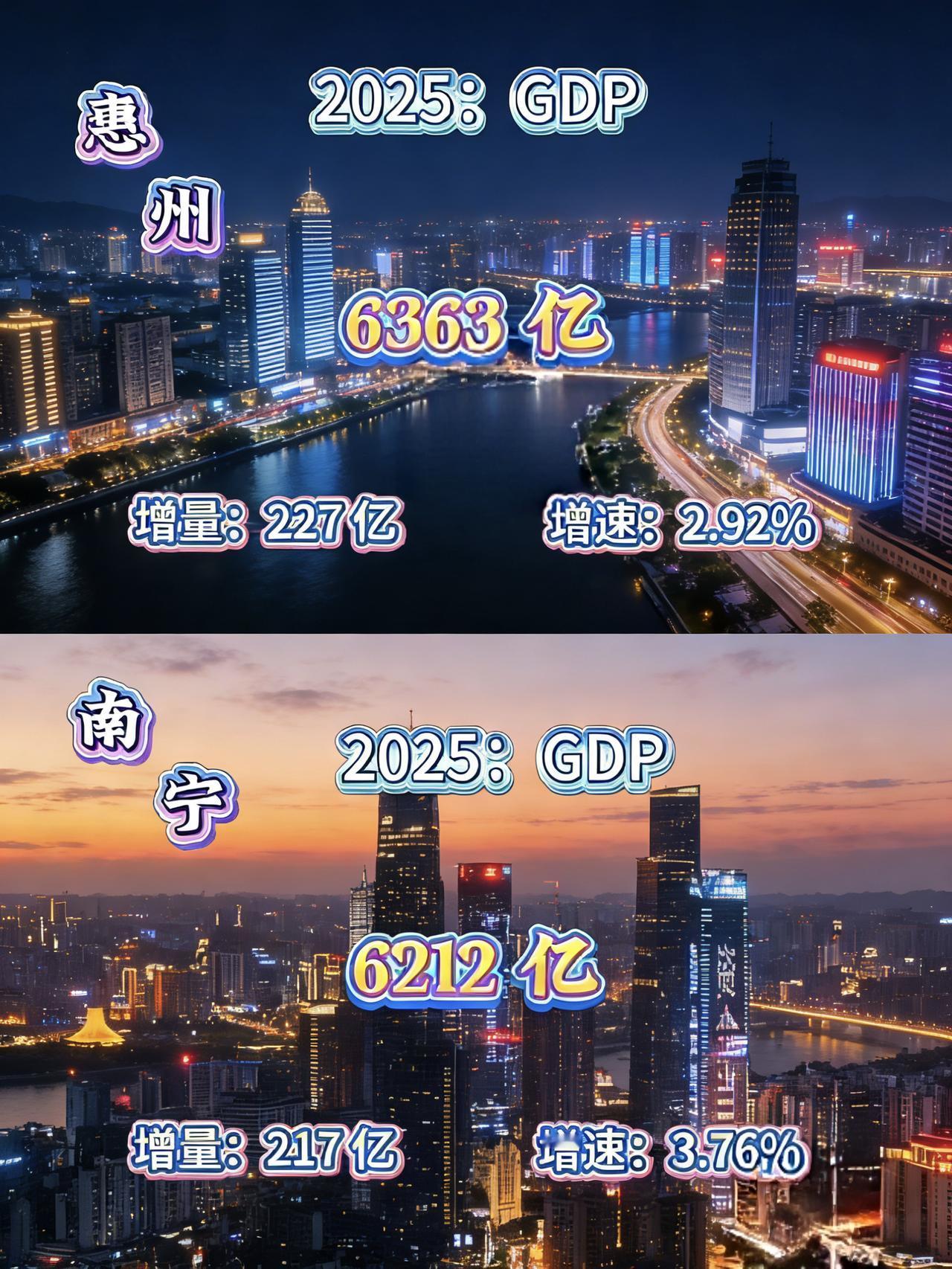 其实2021年之前南宁GDP是比惠州要高的，2021年之后就被惠州超越了。南宁作