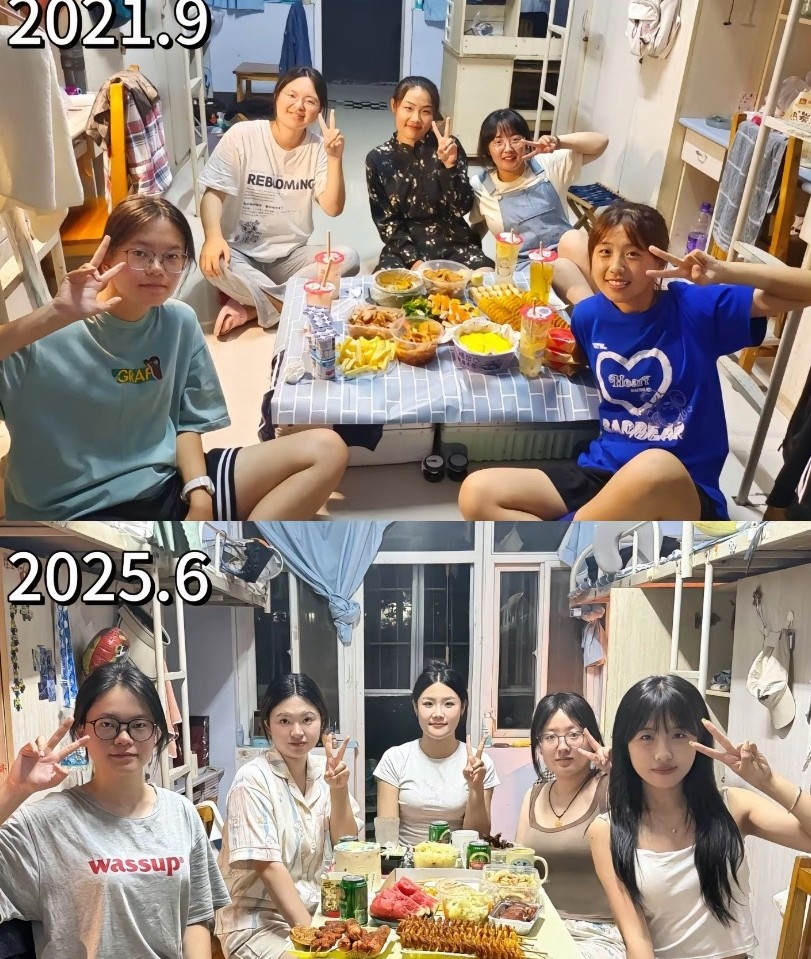大学四年，入学时的青涩，毕业时的狂欢。这张图告诉你，一个宿舍的女生到底变化到底有