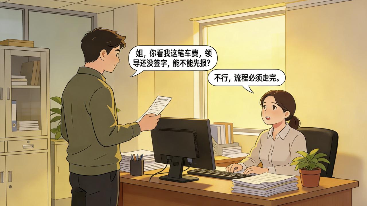 月底，财务部通知大家核对报销。小王拿着单据来找李姐：“姐，你看我这笔车费，领导