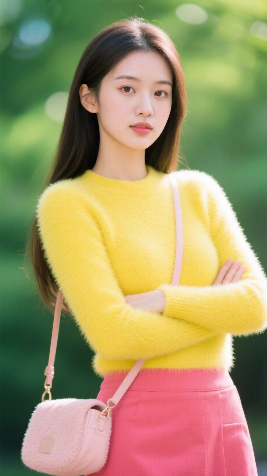 《黄衫衔春，眸含清光》风裹着新绿的柔，漫过她身侧的树荫——明黄毛衣像把春阳