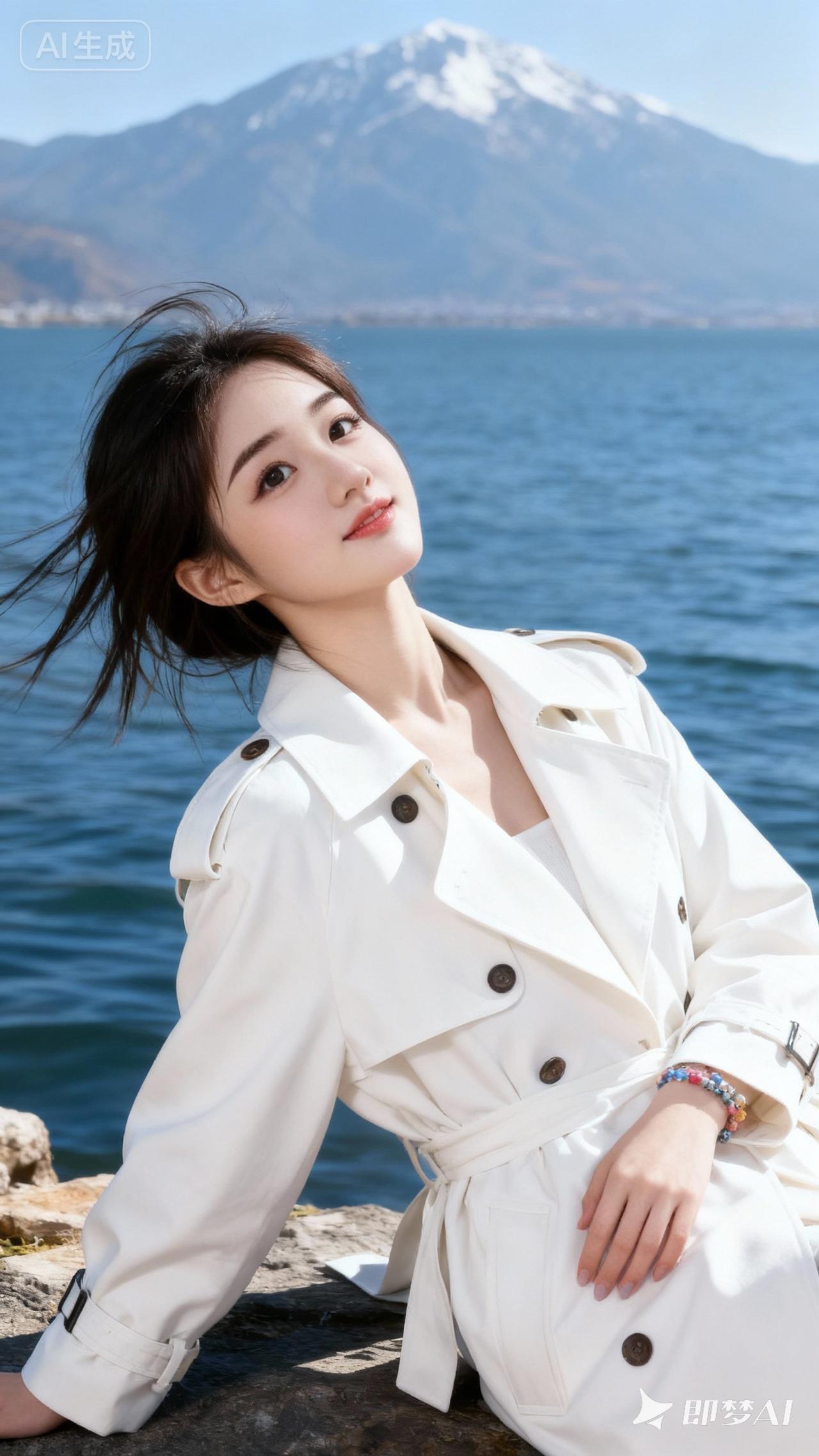 20岁女生在洱海的海边，背景是苍山，尖下巴，三庭五眼比例均衡，身材娇小，娇羞的表