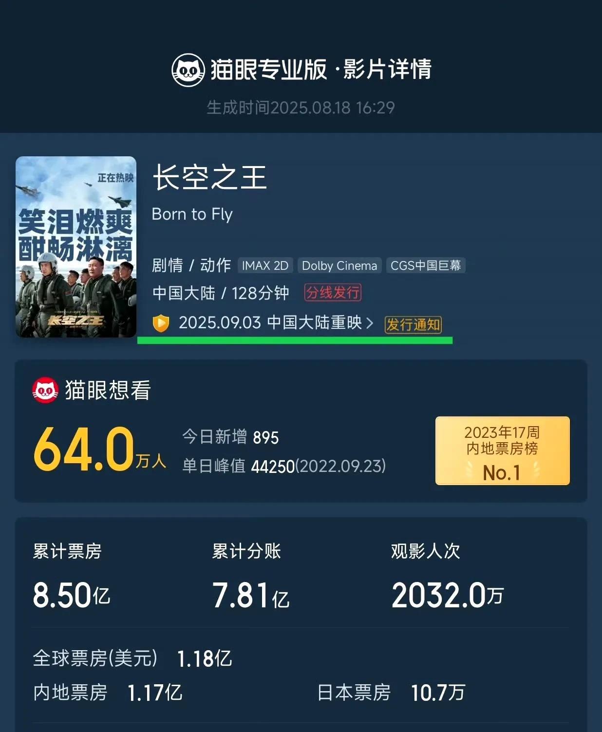 在猫眼电影上已经标注了，2025.9.3中国大陆重映。和阅兵同一天。知道《长空