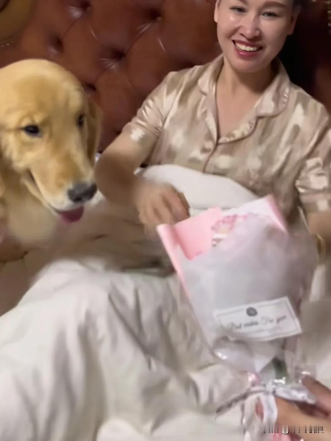 妈妈生日的时候，懂事的小女儿送给妈妈一包鲜花。狗狗觉得自己没有什么东西可送，有点