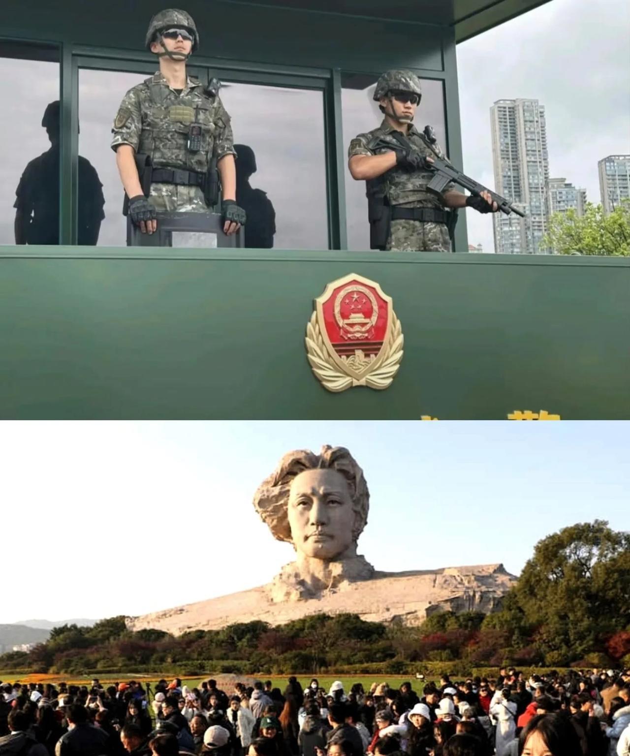 橘子洲头的安保全面升级，现在有武警站岗了！岗亭就设在毛主席雕像的正对面，与伟人雕