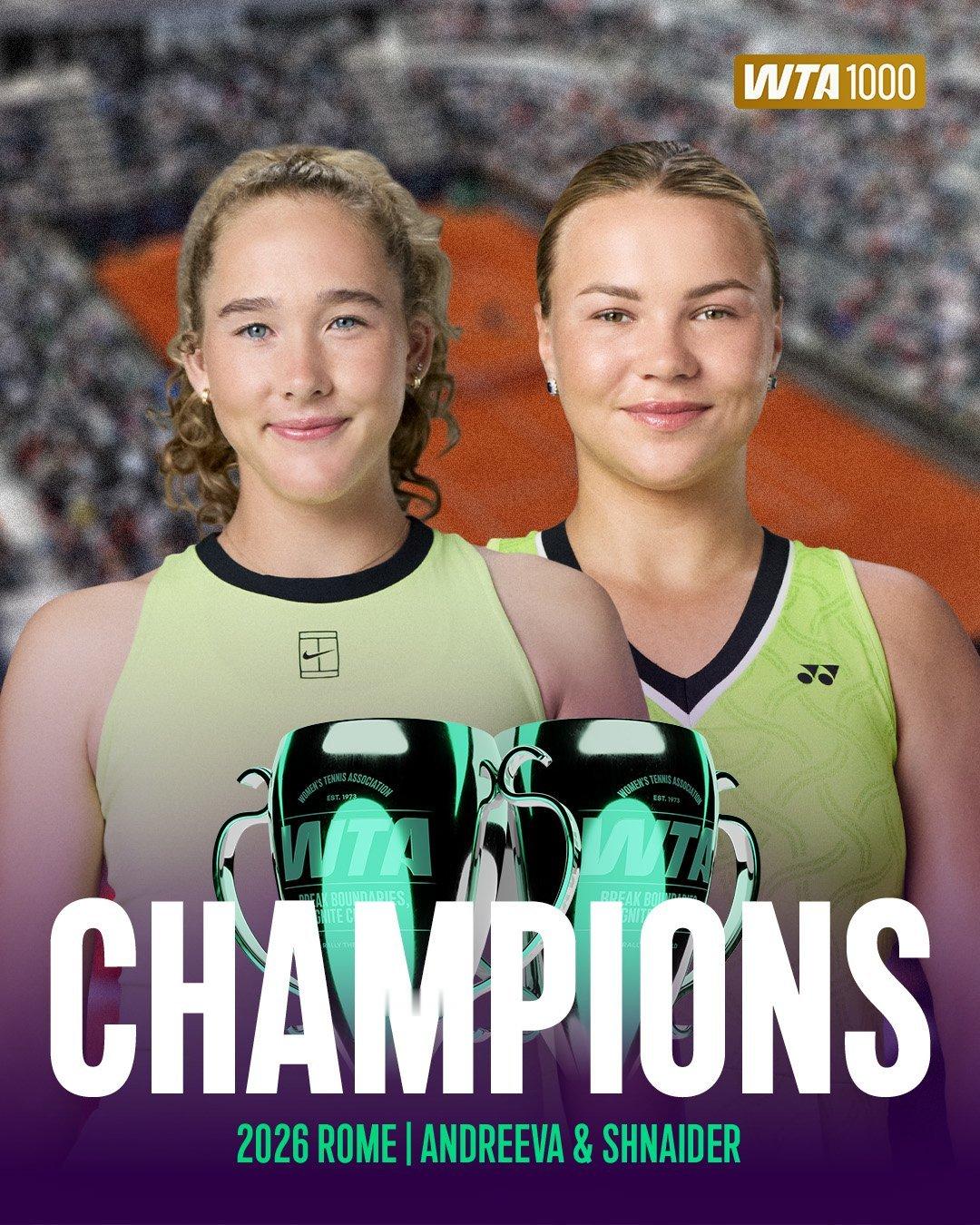 MiDi组合问鼎罗马🏆WTA1000罗马站双打决赛，米拉·安德列娃/施耐德以6