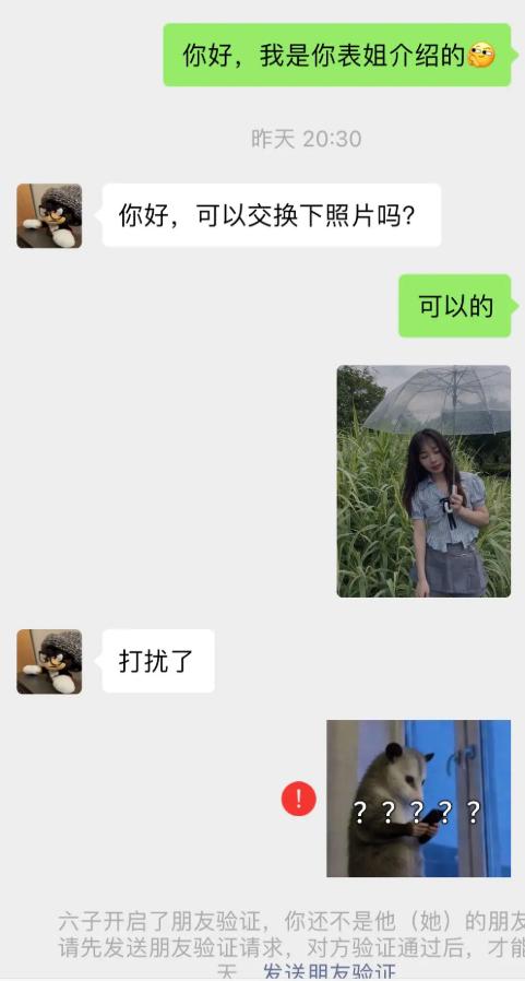 表姐介绍的相亲对象，刚加上好友，对方开门见山，提出互相交换照片。女生爽快答应，