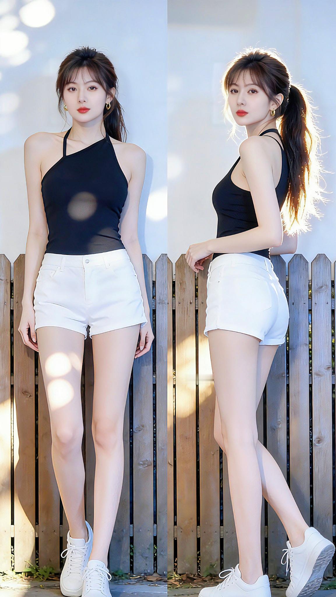 夏日穿搭指南：黑色吊带背心+白色短裤，清新又时尚，满屏都是青春的气息。