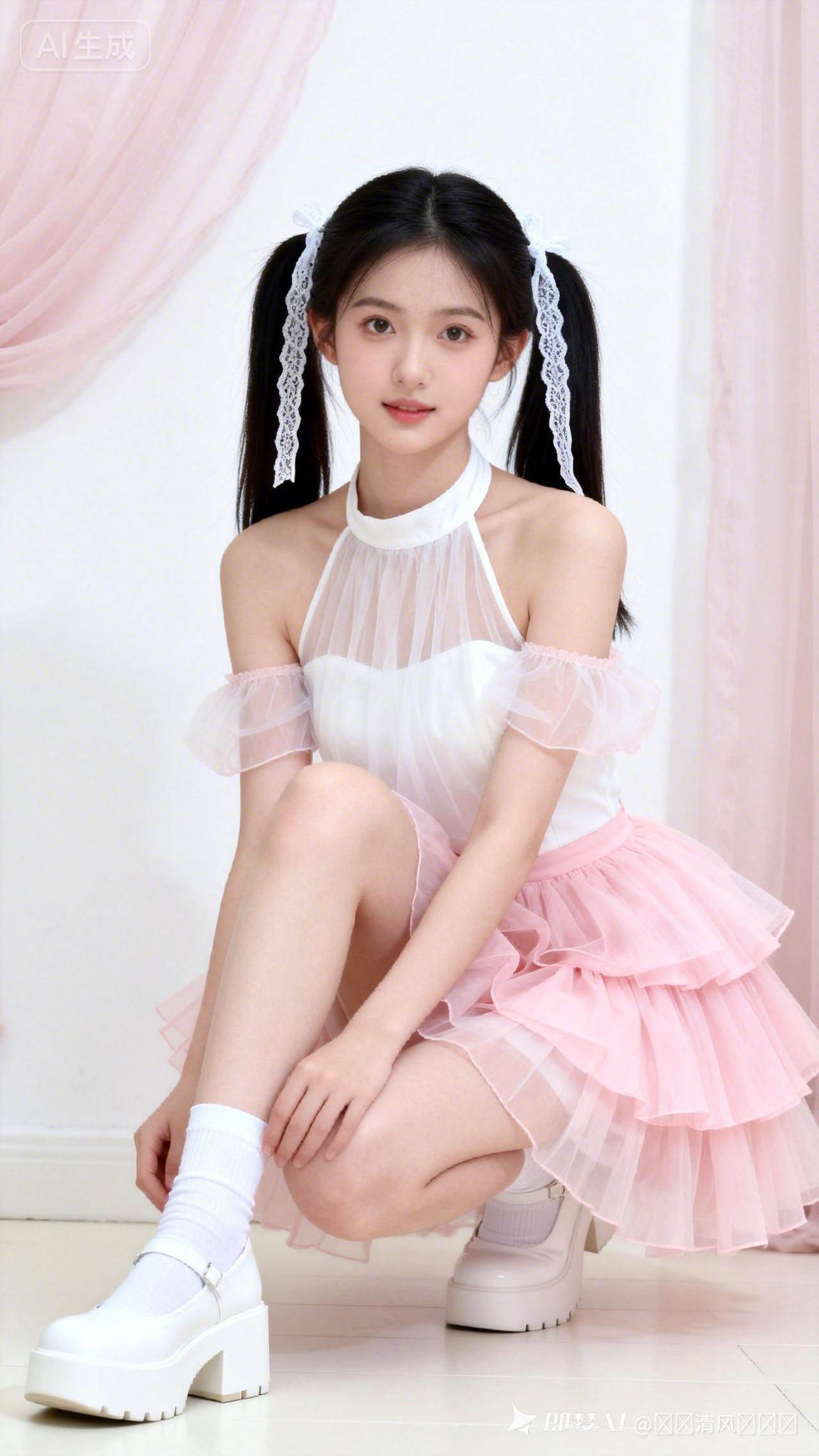 18岁少女娃娃脸灵动娇美，桃花眼柳叶眉精致动人。黑发双马尾系白蕾丝丝带，冷白皮细