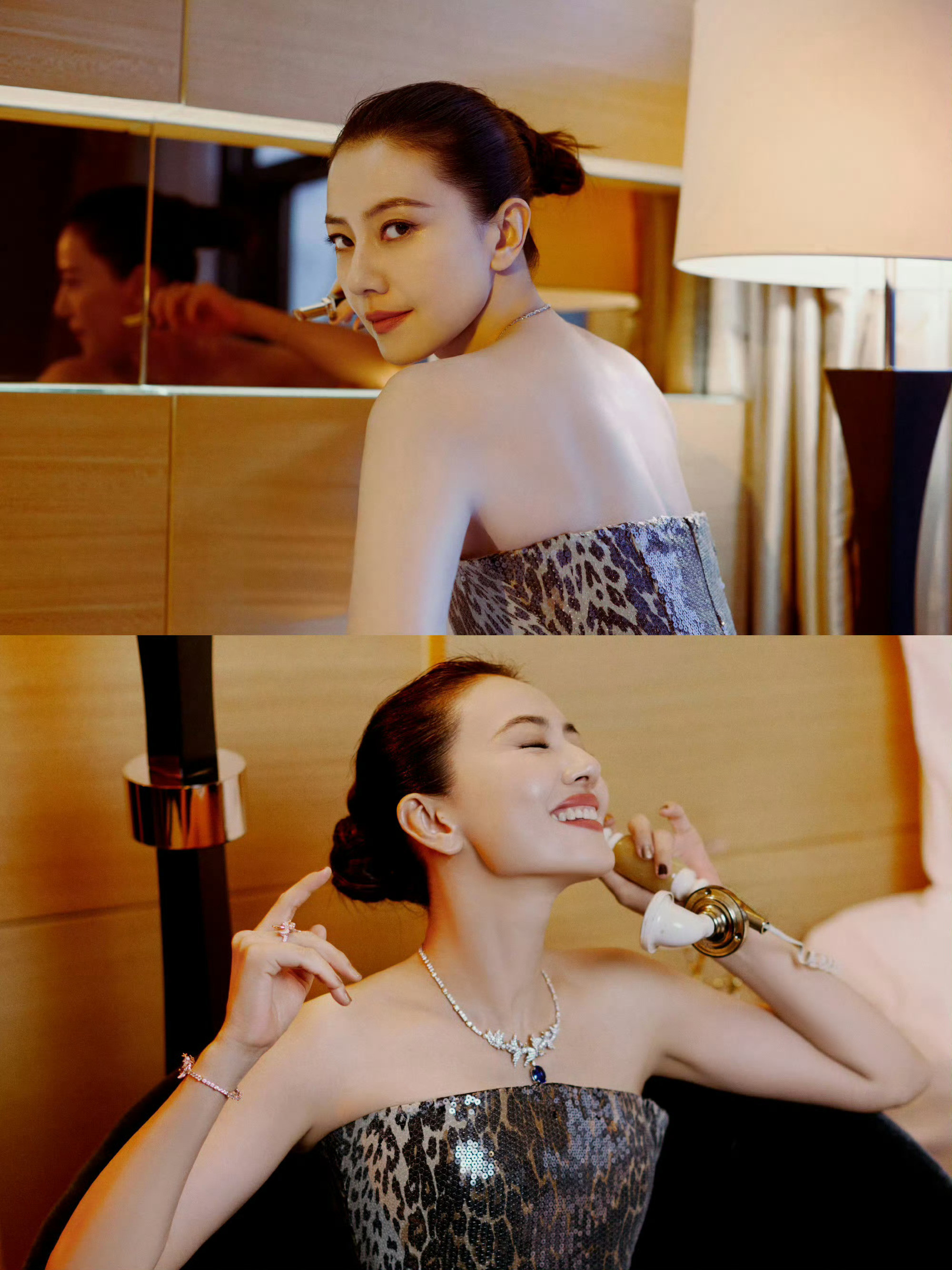 高圆圆这套AlexPerry豹纹亮片裙，配Tiffany&Co.高级珠宝