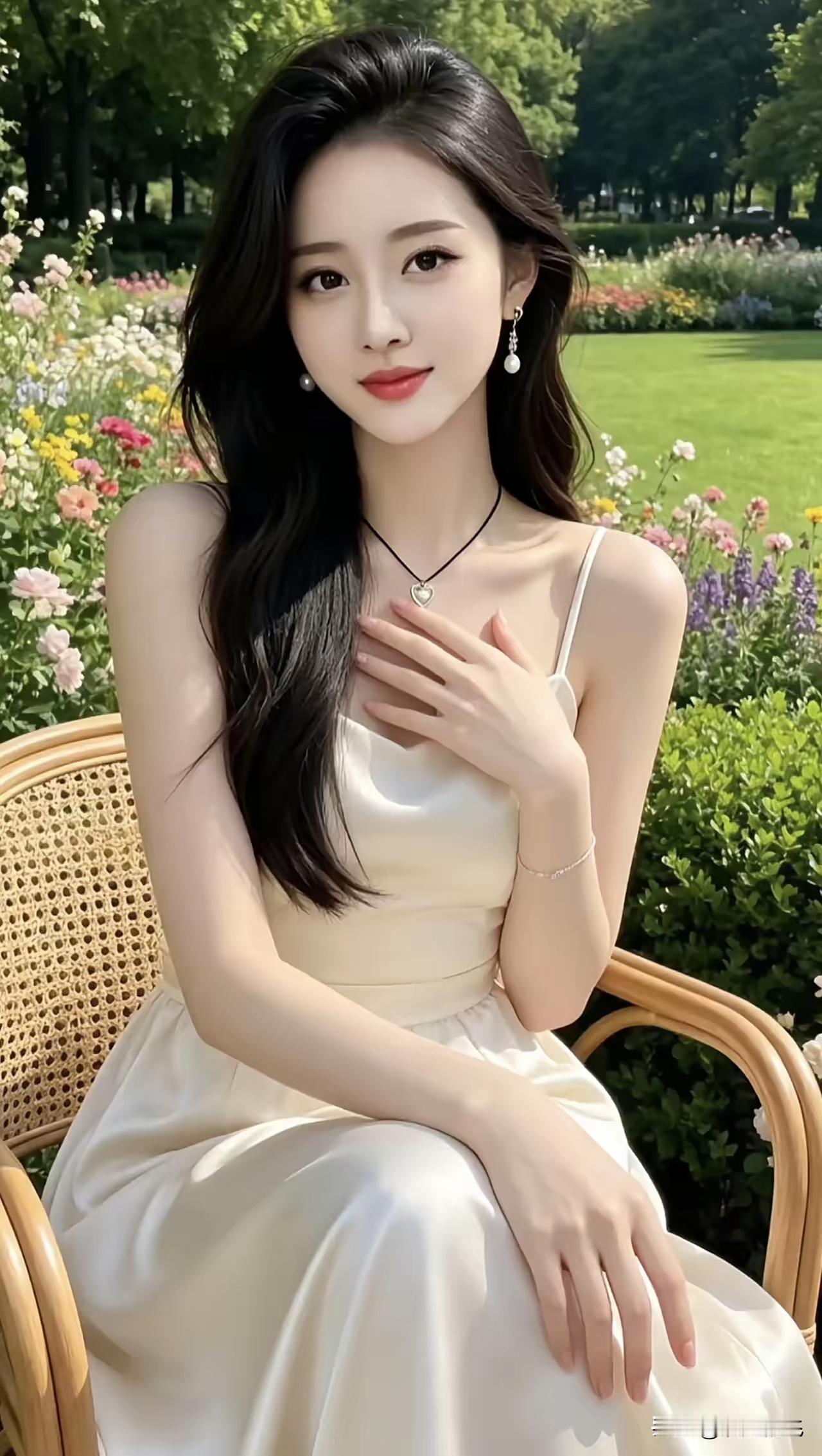 这位美女在公园里坐着，好美啊！