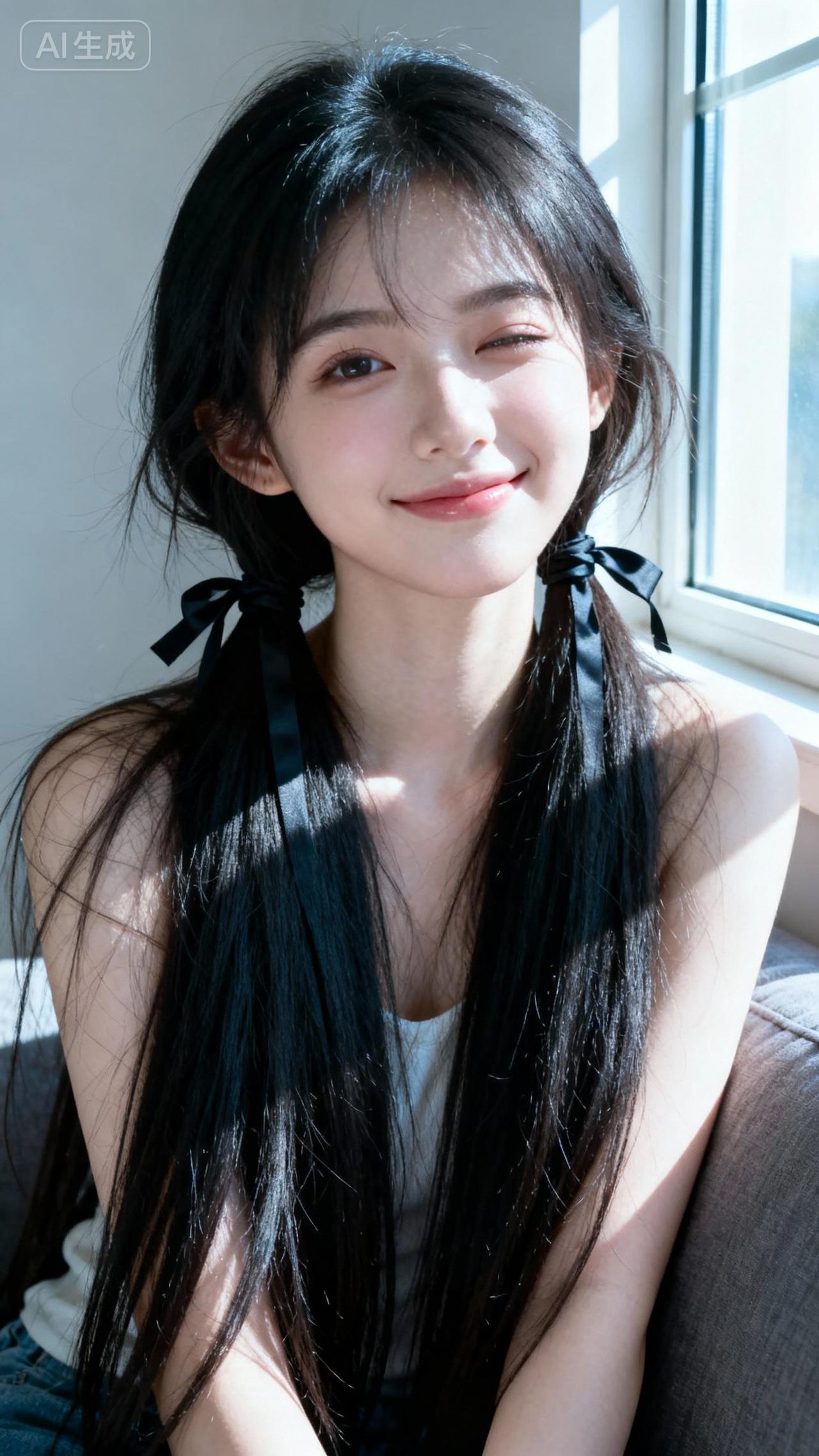 阳光洒在她微笑的脸庞上。